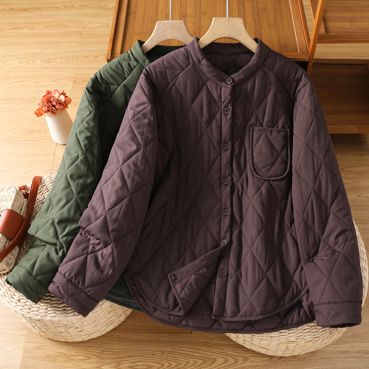 

Winter Lightweight Waed Cotton Jaet Soft Warm Thiened Long Sve Stand Collar Single Button Closure Commute Sle Coat