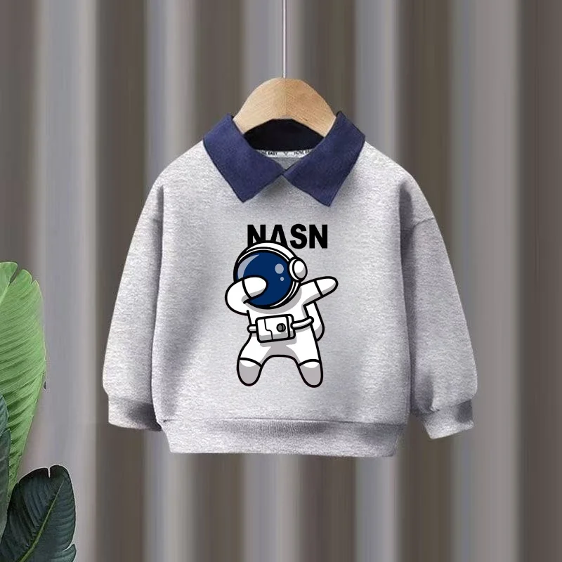 

Осенний свитшот из хлопчатобумажной ткани для маленьких девочек и мальчиков с мультяшным принтом космонавта, детский модный мягкий дышащий топ-поло