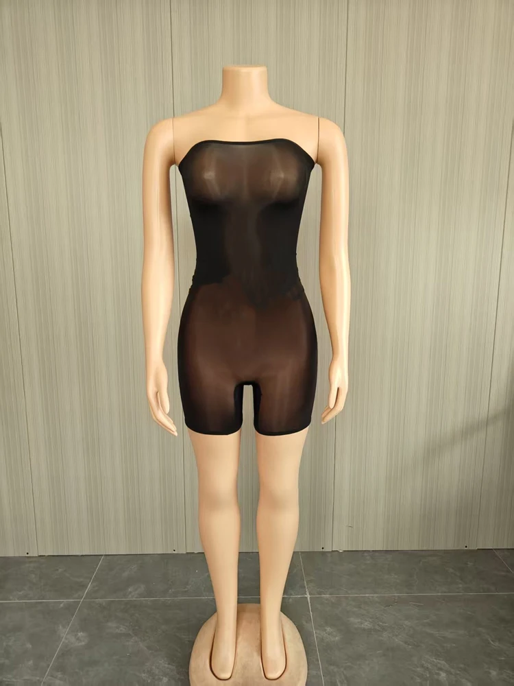 JENYAGE Damen trägerloser, hochtaillierter, durchsichtiger Netz-Overall, figurbetonter, eng anliegender Shorts-Jumpsuit, sexy Nachtclub-Party-Outfit, Schwarz – Detail 7
