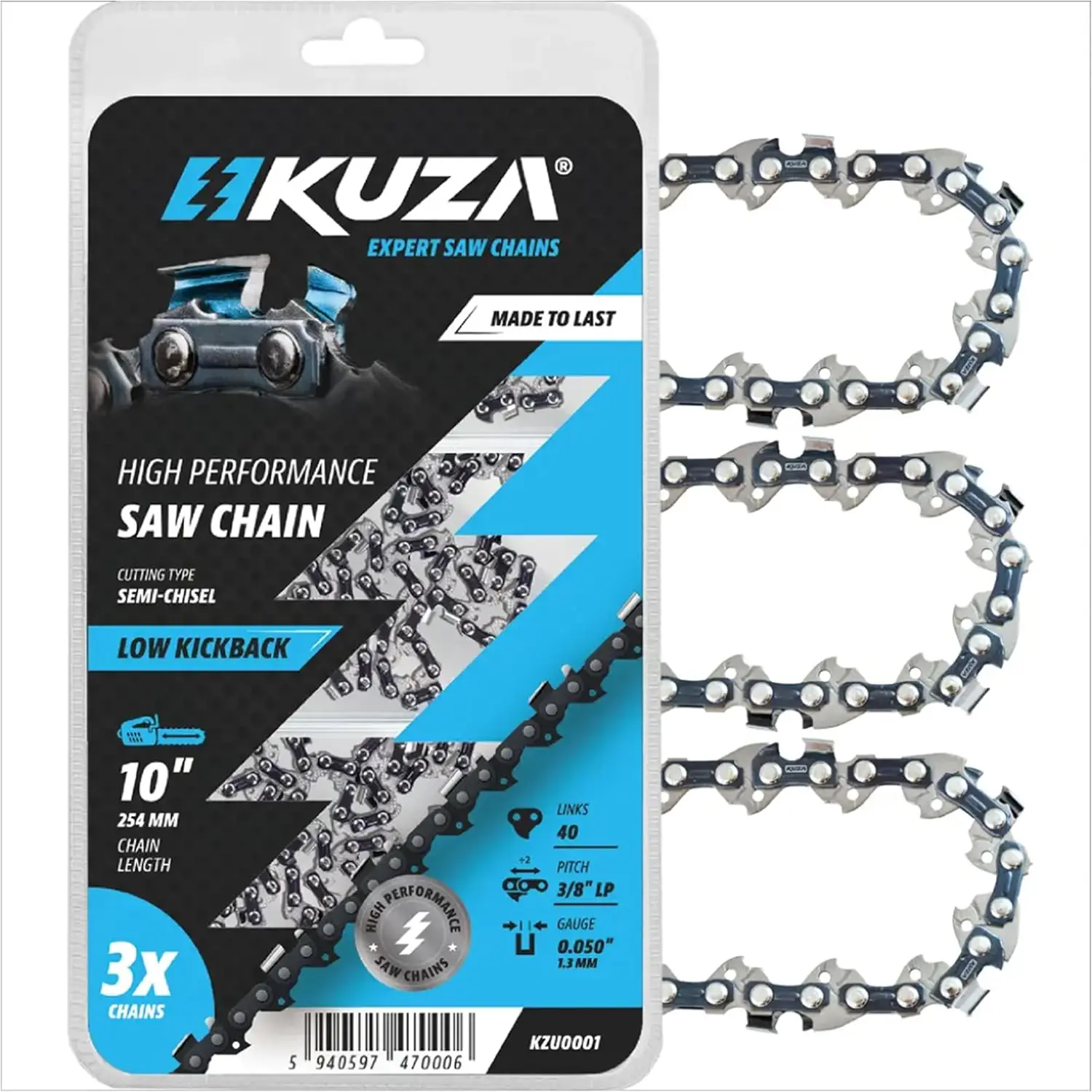 

10 Inch Chainsaw Chain 3/8 LP Pitch 050 Gauge 40 Drive Links for Worx Echo Craftsman Sun Joe Makita S40 (3 Chains)
