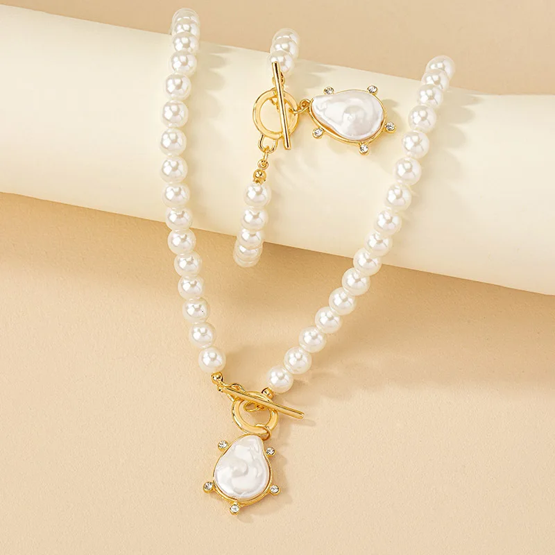 Irregular Imitation Pearl Pendant Bracelet Necklace Set For Women\'s Collarbone Chain Holiday Party Gift Fashion Jewelry AS007