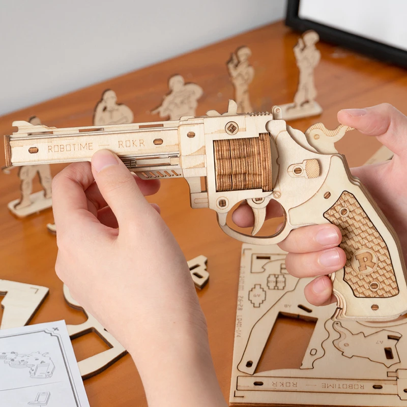 DIY Revolver,Scatter with Rubber Band Bullet Wooden Model Building Block Kit Assembly Toy Gift for Children Adult