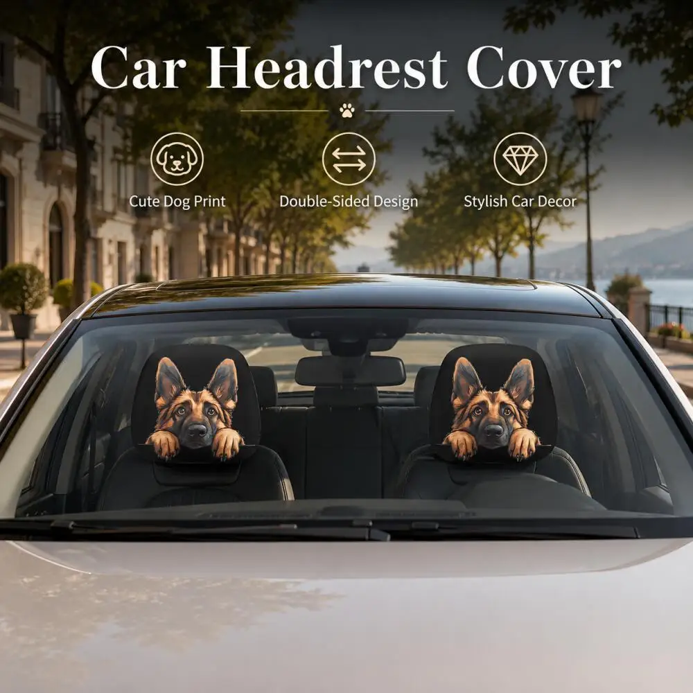 2PCS German Shepherd Peeking Car Headrest Covers 2D Flat Cute Dog Paws Print Black Dog Lovers Universal Auto Headrest Protector