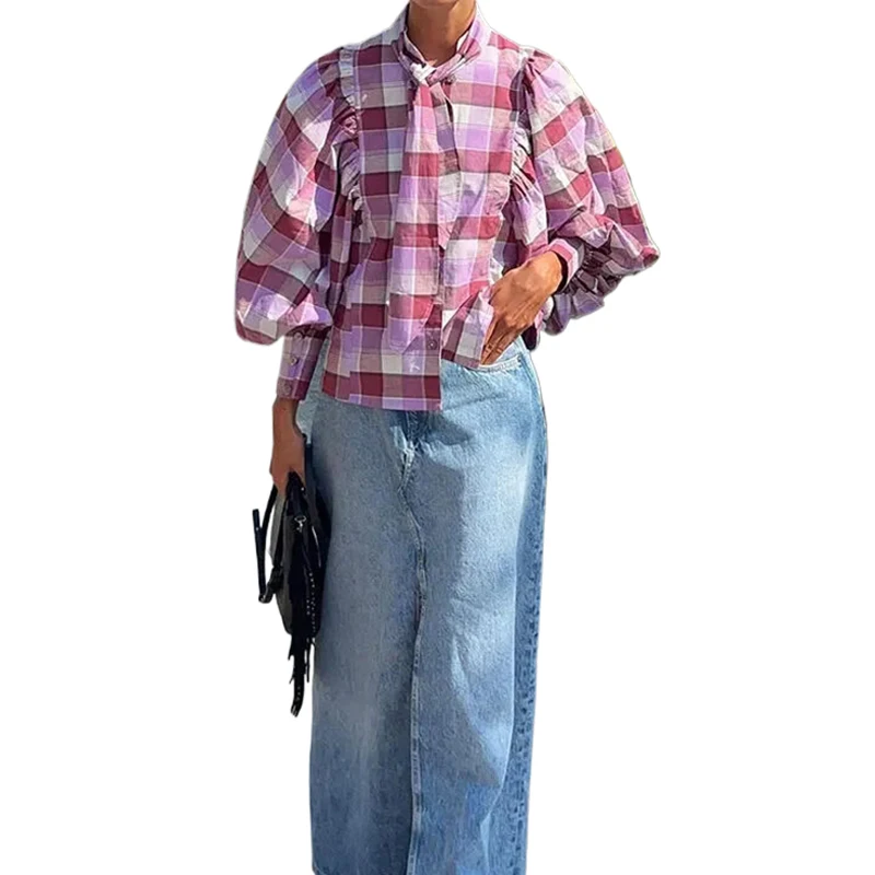 Long Sleeve Plaid Lace Up Blouses For Women 2024 Dressy Casual Loose Lantern Sleeve T-Shirts 2024 Elegant Ladies Commute Top