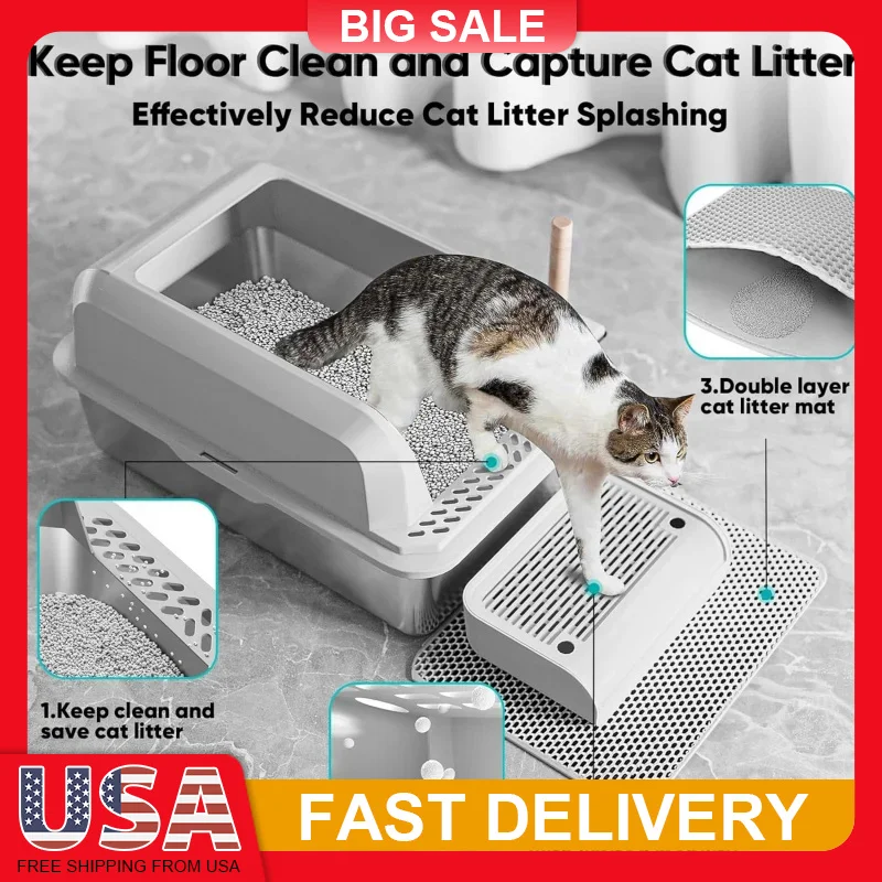 

Stainless Steel Cat Litter Box with Lid XL Large Enclosed Anti Leak Non Stick Easy Clean for Big Cats Includes Scoop Mat