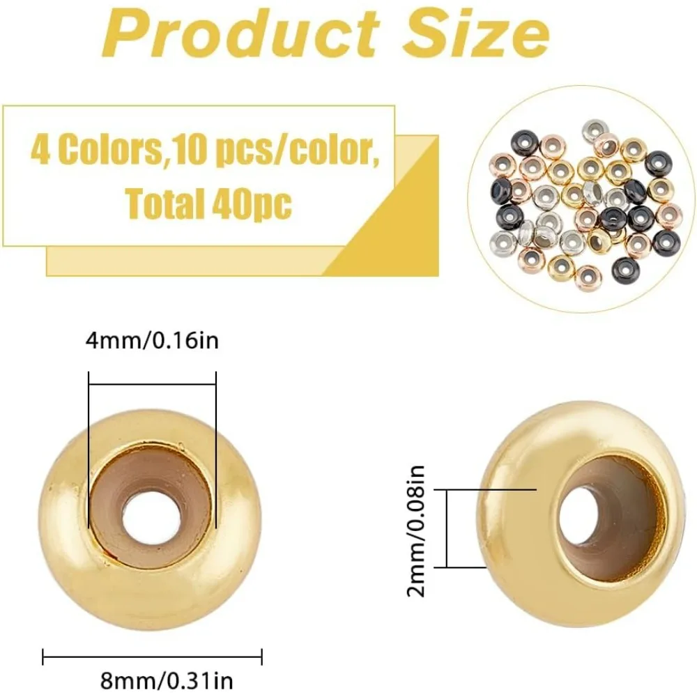 40Pcs 4 Colors Brass Stopper Beads with Rubber Inside Solid Weight Round Positioning Spacer Beads Adjustable Slider Clasps