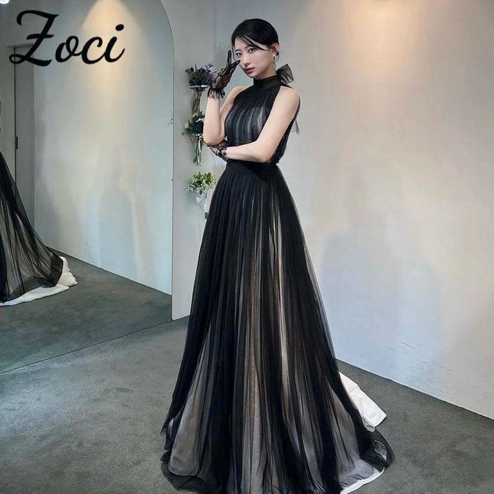 

Zoci Elegant Black Tulle Korea Formal Dresses High Neck Floor Length Bow Evening Party Gown Customized Wedding Reception Dress