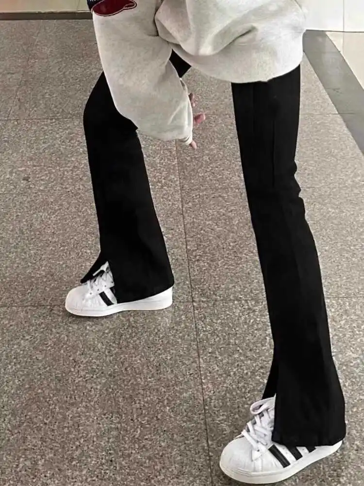 

Расклешенные джинсы с высокой талией, женские эластичные хлопковые эластичные джинсовые брюки с разрезом спереди, прямые брюки для похудения, летние