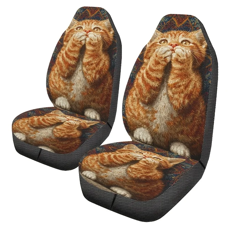 2pcs Orange Cat Blessing Print Car Seat Covers, Easy-Clean Unisex Front Seat Protectors, Fashionable Car Accessories, All-Season