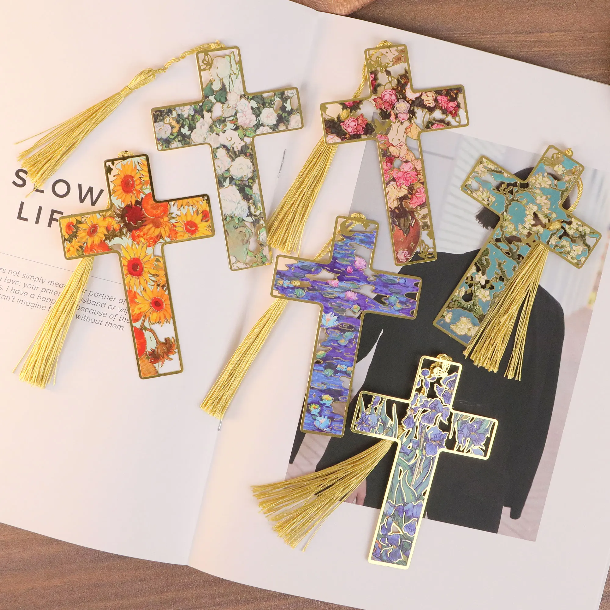 

6 шт. металлические закладки с кисточками | Полый дизайн Ван Гога и Моне | Аксессуары для чтения для христианских религиозных текста