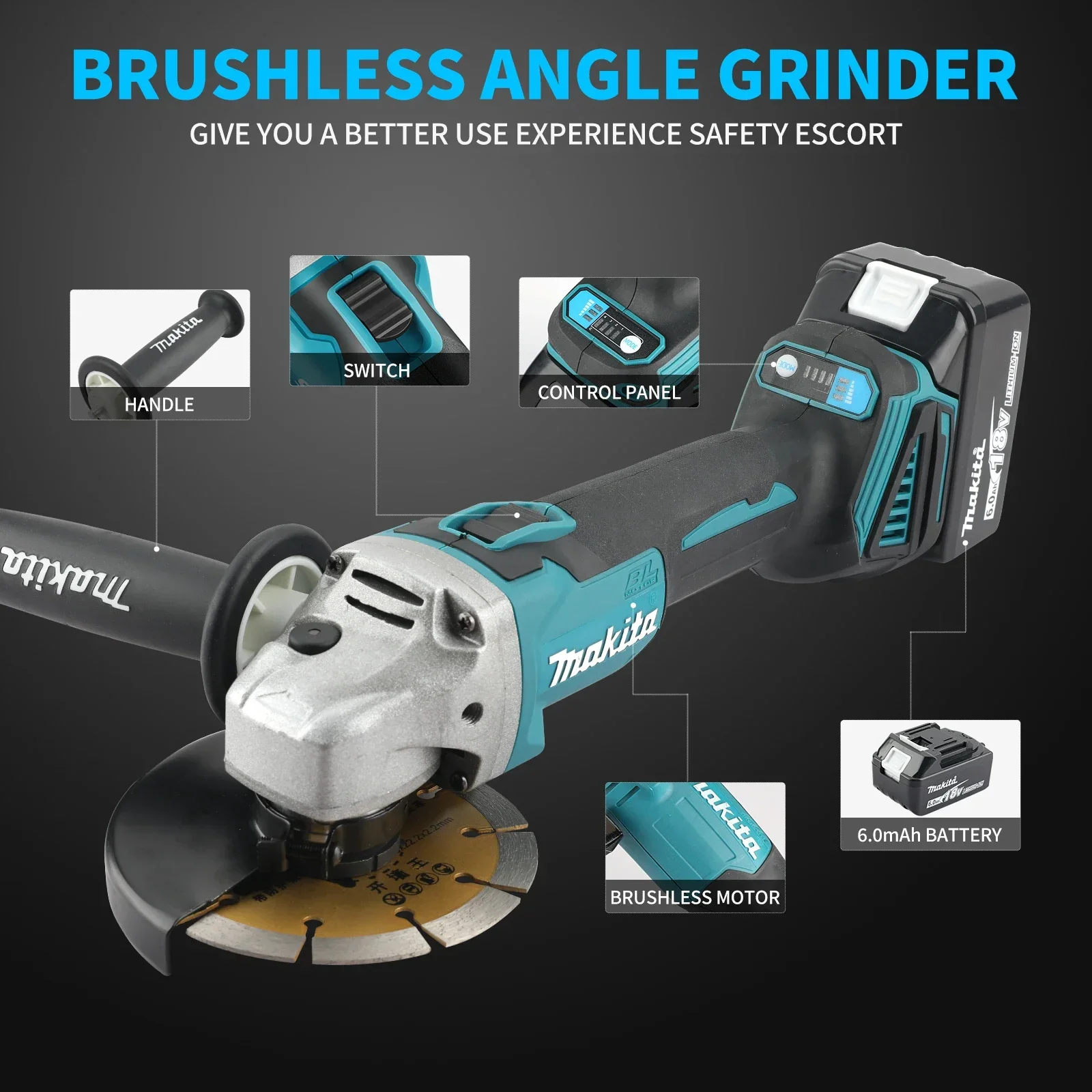 ماكيتا آلهة كهربائية DGA404 125 مللي متر طاحونة زاوية كهربائية لاسلكية فرش آلة قطع متغيرة السرعة لبطارية 18 فولت