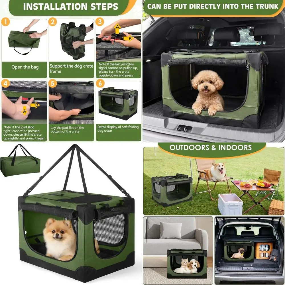 

Портативная складная переноска для маленьких собак, дорожная клетка для животных с 4 сетчатыми дверцами, складной уличный вольер с ручкой - зеленый