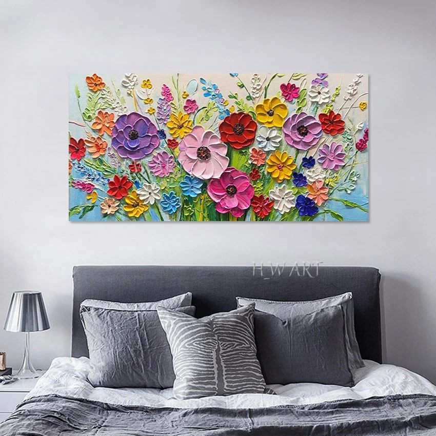 Canvas Abstract Palette Knife Painting, Thick Acrylic Texture Wall Picture Decor, Unframed Colorful Flowers Art, Hand Drawing