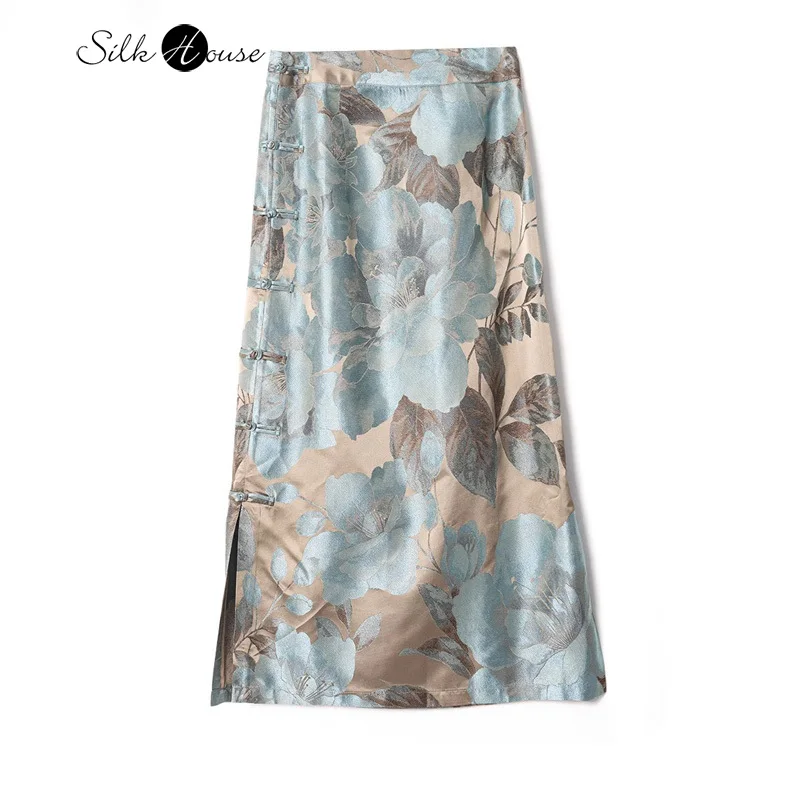 

2024 Summer New Peony Flower Print 100% Natural Mulberry Silk Song Brocade Women's Fashion Chinese Style Skirt