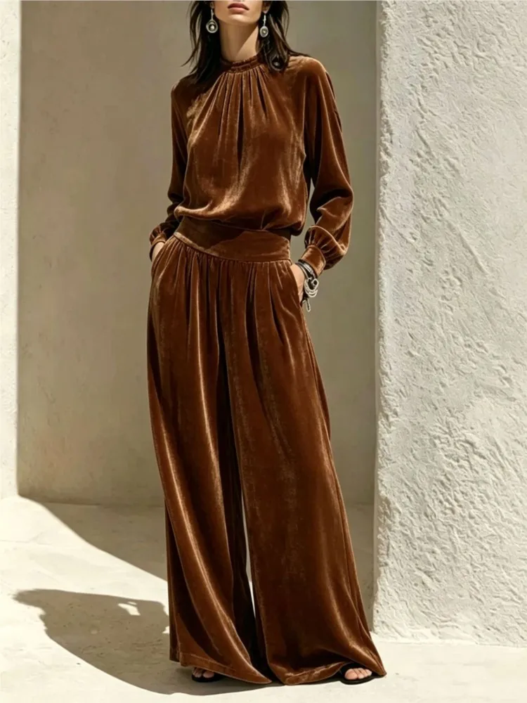 Fashion Solid Color O-neck Top Wide-leg Pants Suit 2026 Women's Spring And Autumn Women's Loose And Comfortable Two-piece Suit