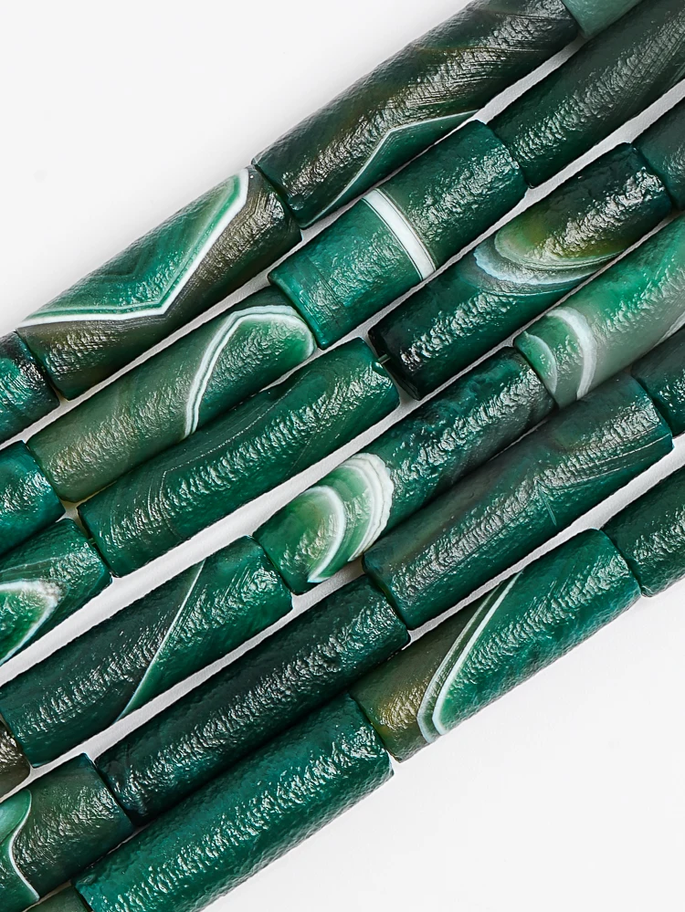 Matte Natural Green Banded Agate Cylinder Tube Beads 30-40x10mm Loose Stone Beads for DIY Jewelry Making Craft Supplies