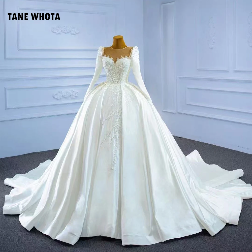 Robe Mariage O-Neck Long Sleeve Lace Up Back Beading Ball Gown Luxury Customized White Wedding Dresses