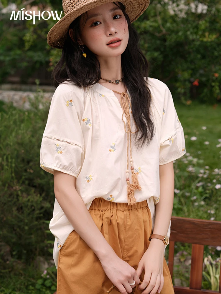 MISHOW Women Two-Piece Set 2025 Summer Puff Sleeve Lace Up Top Hollow Lace Spliced Elastic Waist Shorts Ladies Set MXE38T0684