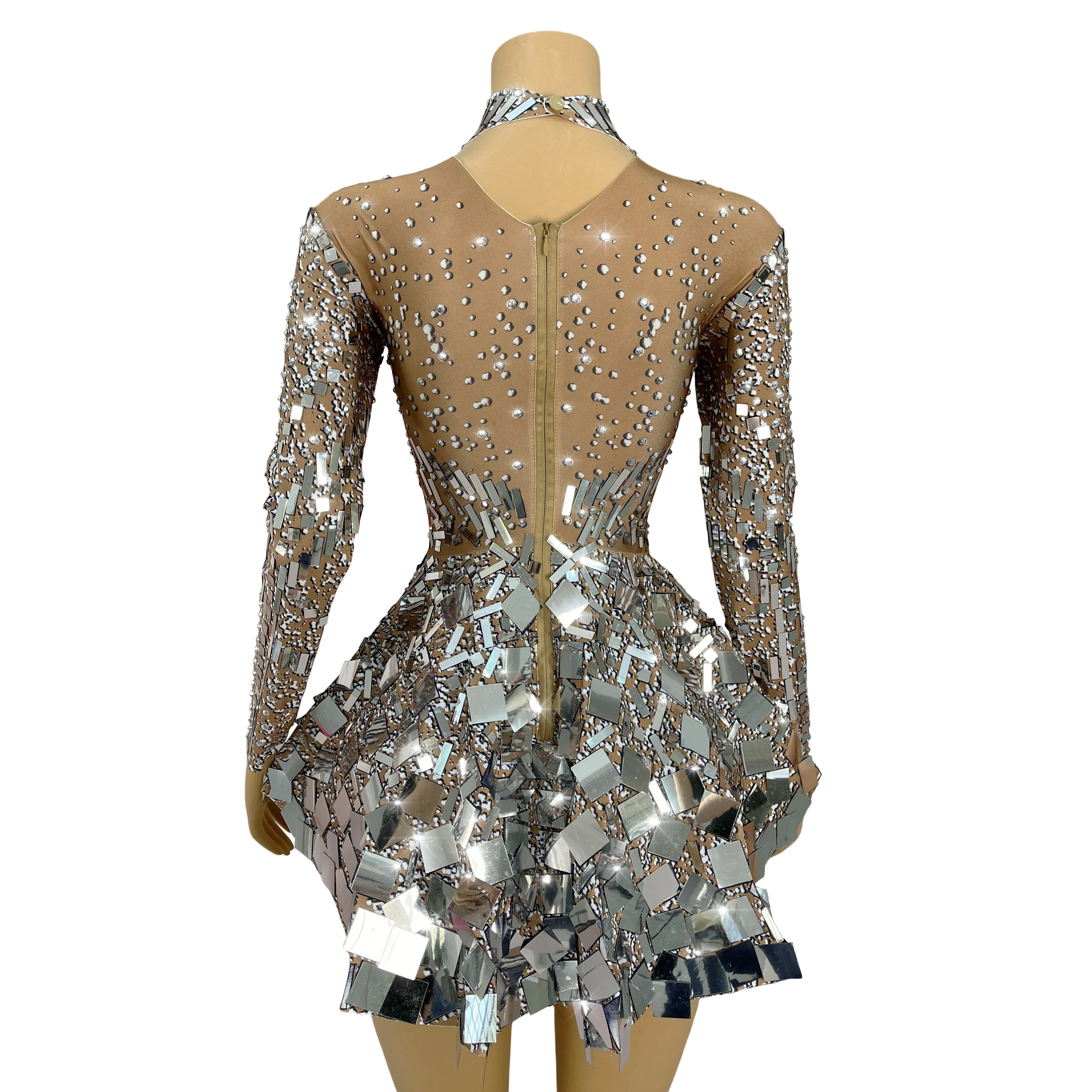 High Quality Perform Costume Sparkly Silver Rhinestones Sequins Ultrashort Dress Women Singer Dancer Stage Outfit Lianpianqun