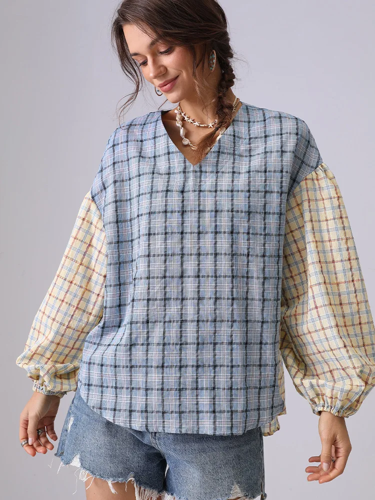Retro Patchworkลายสก๊อตเสื้อผู้หญิงเสื้อ 2025 ฤดูใบไม้ผลิและฤดูร้อนVคอยาวแขนยาวหลวมสบายๆเสื้อTops