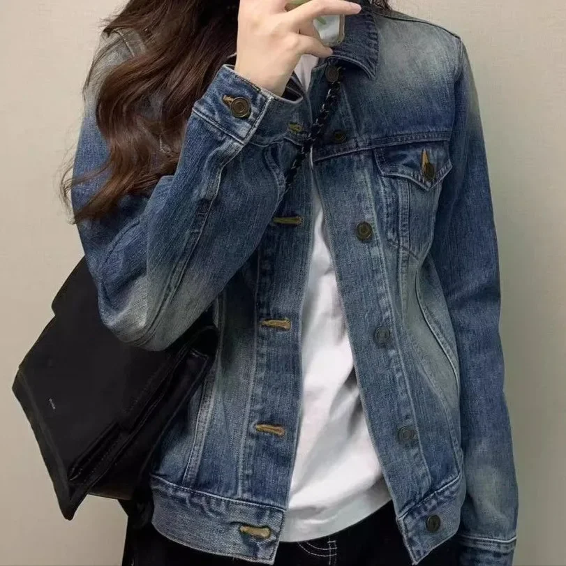 

Повседневная женская джинсовая куртка в корейском стиле, весенне-осенняя свободная американская ленивая новая верхняя одежда небольшого размера, модная верхняя одежда