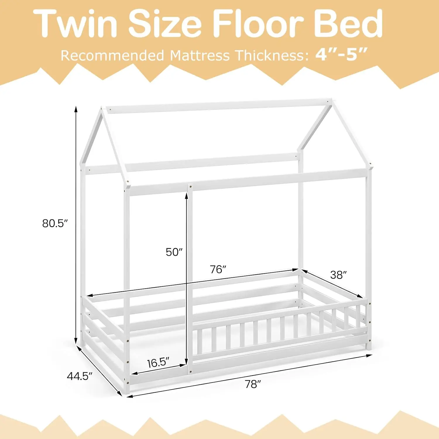 Twin Floor Bed with Fence, Wood Montessori Bed with Safety Guardrails and 80.5