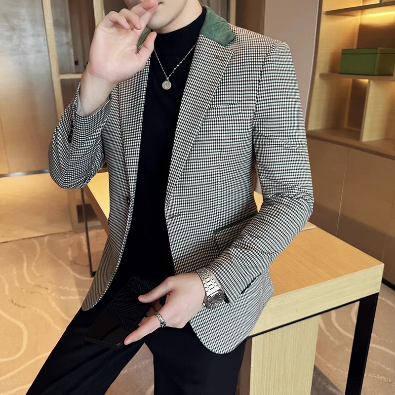 Luxury and Fashionable Men\'s Suit Jacket Blazer Business Slim Fit Lapel Plaid Dress Suit Wedding Groom Tailcoat Suit Jacket4XL-M