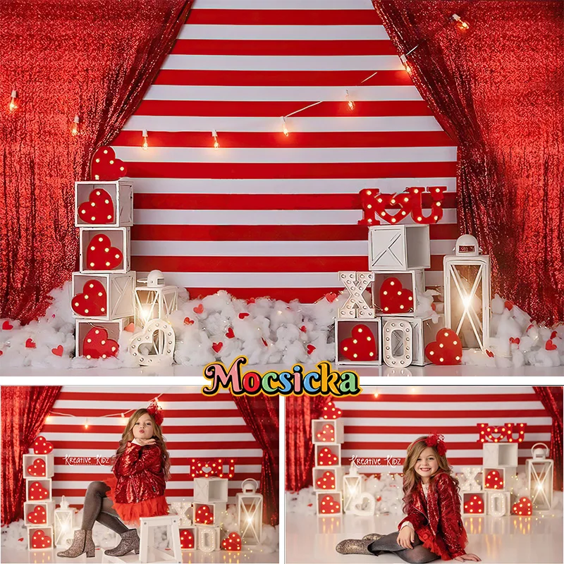 Valentine's Day Photography Background Red and White Stripes Curtain Sparkling Love Girls First Birthday Portrait Photo Backdrop