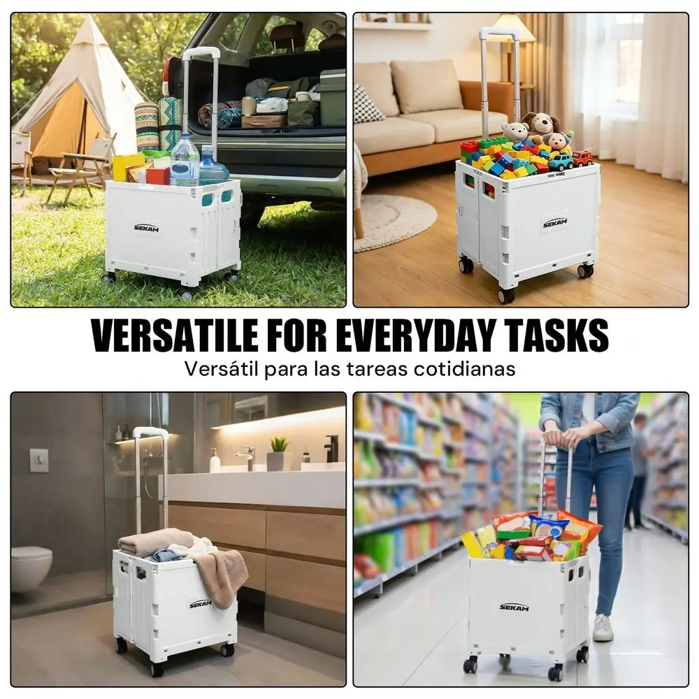 

Utility Rolling Cart With Lockable Swivel Wheels, Collapsible Storage Crate Trolley With Telescoping Handle, Lightweight Home E