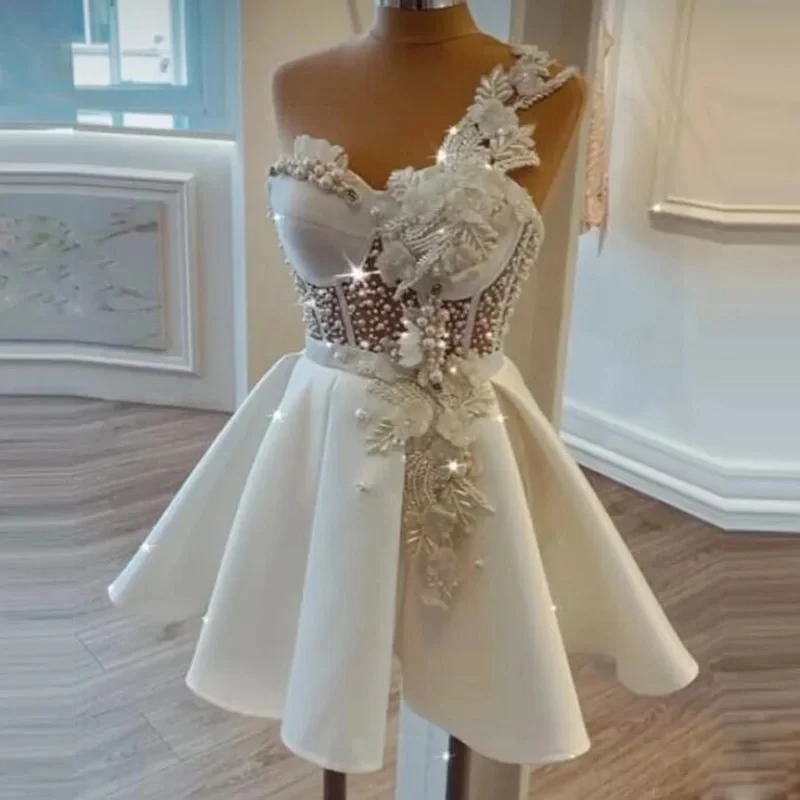 

Chic Prom Gowns Ivory Off Shoulder New Pearls Mini Formal Dress Short Length Off Shoulder Floral A Line Party Dresses Applique