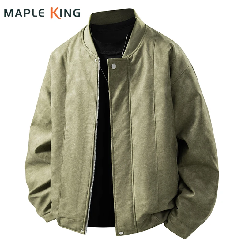 

High Street Green PU Leather Man Jackets Coat Punk Style Retro Herren Lederjacke Mens Loose Hip Hop Baseball Collar Biker Jacket