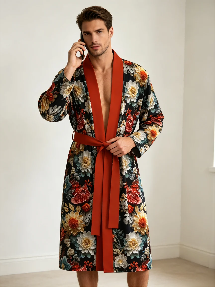 Men's Ice Silk Bathrobe with 3D Digital Printing Lightweight and Breathable Sleepwear