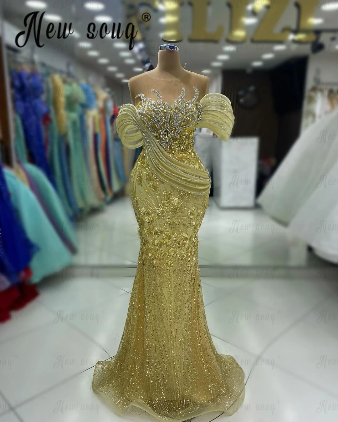 Glitter Gold Women Evening Dresses Off Shoulder Sequins Wedding Party Gowns платье вечернее Custom Vestido De Festa Longo Arabic