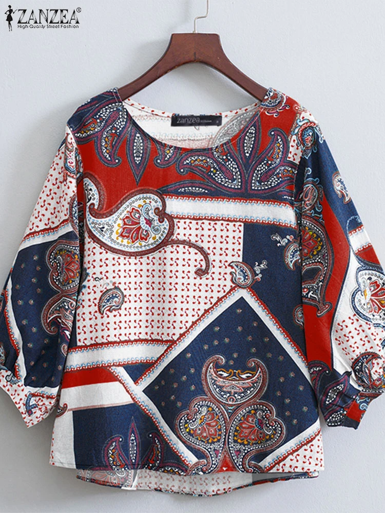 

ZANZEA Woman O-Neck Tops 3/4 Sleeve Vacation Cotton Vintage Blusas Mujer Casual Day Wear 2025 Summer Paisley Print Blouses