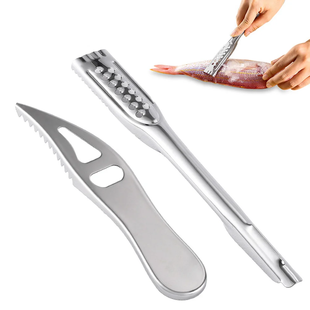 

1 Set of 2pcs Stainless Steel Fish Scale Remover Manual Fish Scraper Seafood Knives Kitchen Tool (Prong+Flat)