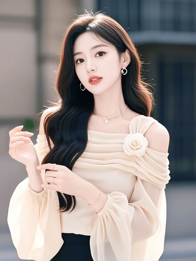 Casual Chiffon irt Beautiful oulder Design Women's Faionable Winter Top Commute Sle Slim Fit Long Sve TT1495