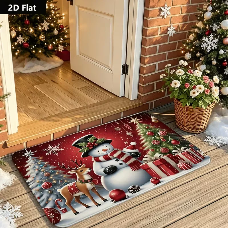 Christmas Doormat, 2D Print Snowman Gingerbread Man Floor Mat, Reindeer Candy Pattern for Home Entryway Decor