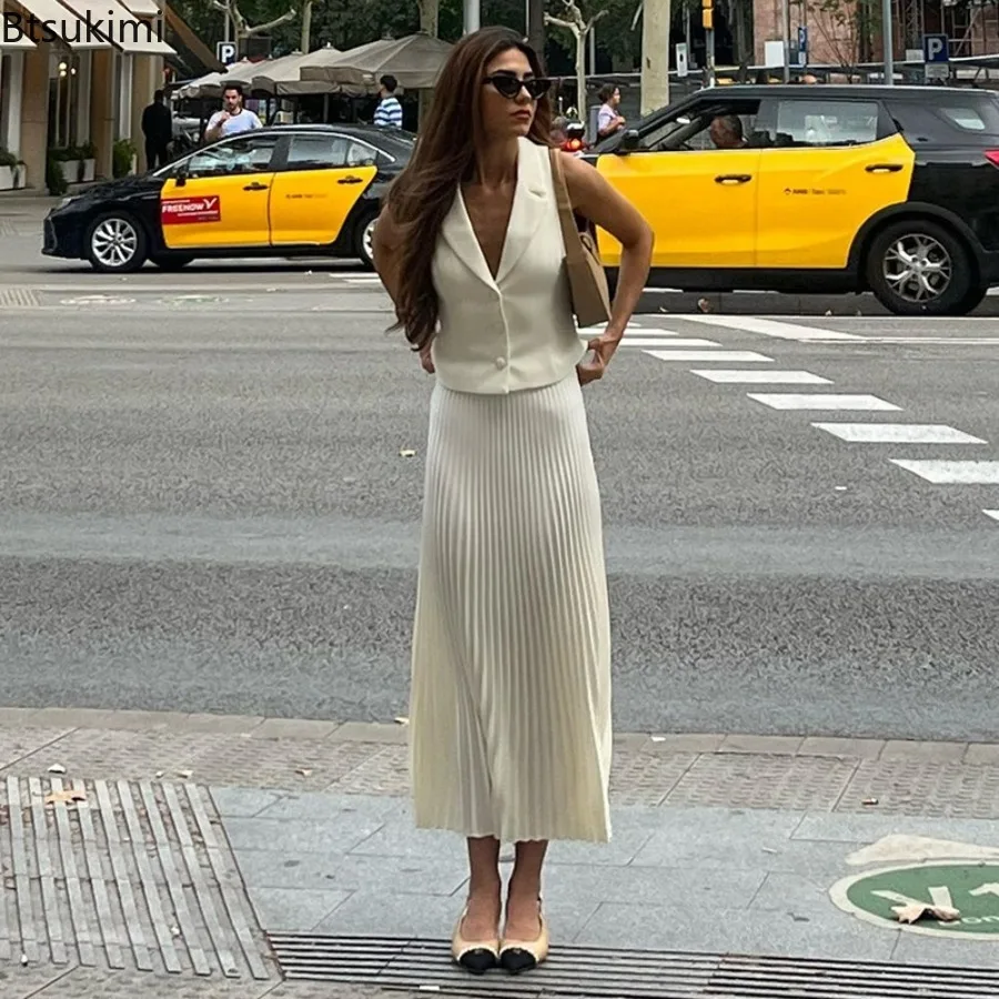 New 2024 Women's Elegant 2PCS Sets Spring Summer Skirts Set Sleeveless Button Tops+ Pleated Maxi Skirts Suits Y2k Casual Outfits