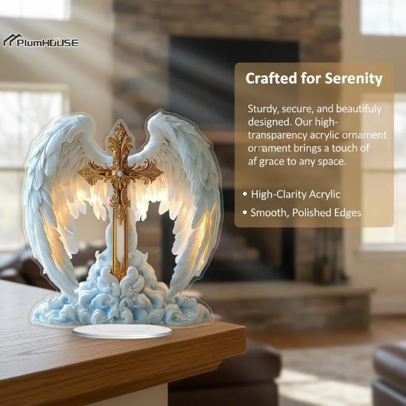 2D Acrylic Angel Wings Cross Ornament Vivid Design Non Slip Base For Home Religious Decor Gift Giving