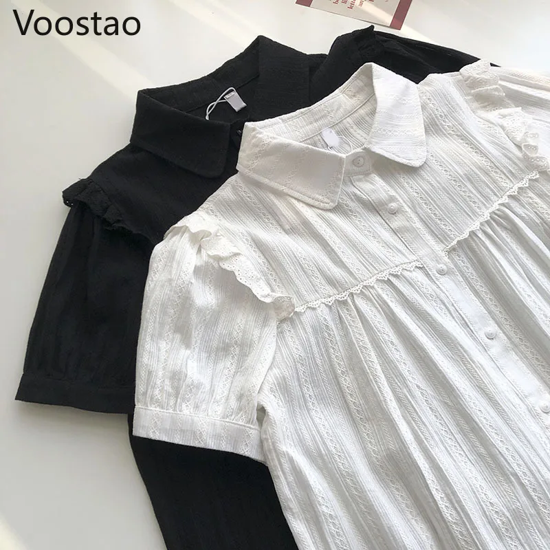 Zomer Zoete Lolita Stijl Blouses Vrouwen Koreaanse Chic Lace Ruches Jk Shirts Meisjes Leuke Korte Mouw Wit Blusas Mujer Tops