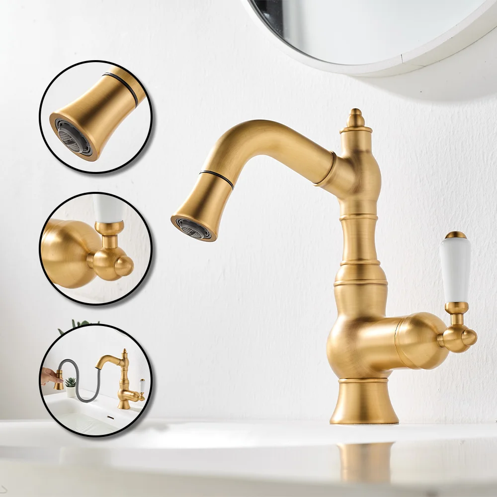 

Vintage Solid Brass Basin Faucet Cold Hot Water Mixer Tap Deck Mounted Drop Down Bathroom Faucet Vanity Swivel Washbasin Faucets