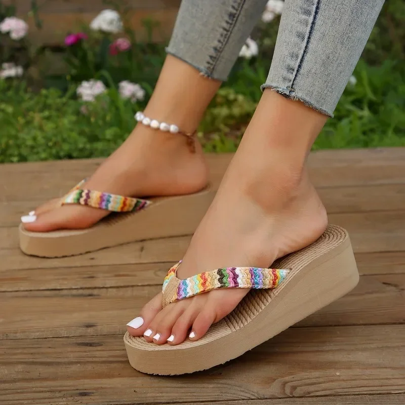 2024 Summer Women\'s Slippers Wedge Thick Sole Women\'s Shoes Outdoor Beach Slippers Fashion Flip Flop Bohemian Style Sandals