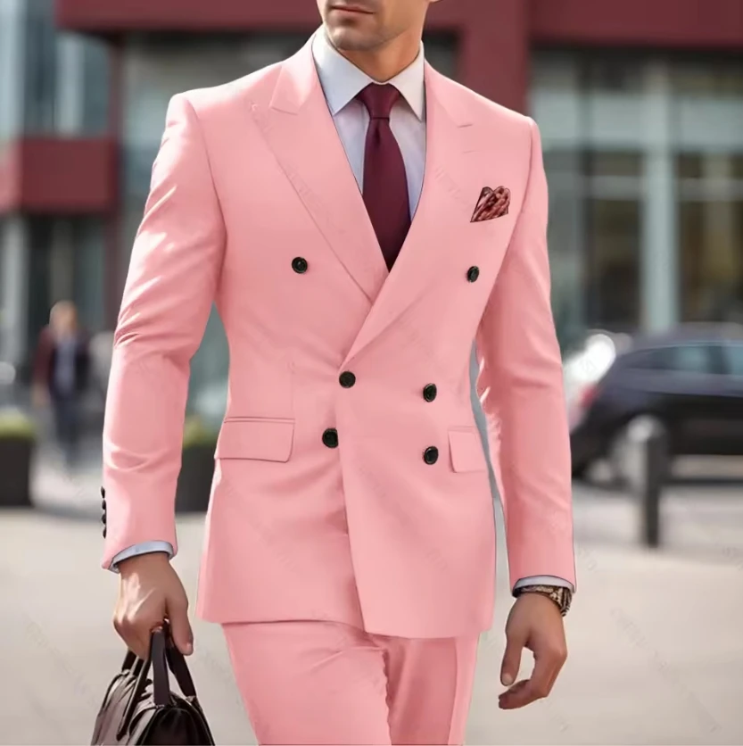 Luxury Men Suit Burgundy Double Breasted Prom Wedding Set 2-Piece (Jacket+Pants) Lapel Outfits Chic Casual Party