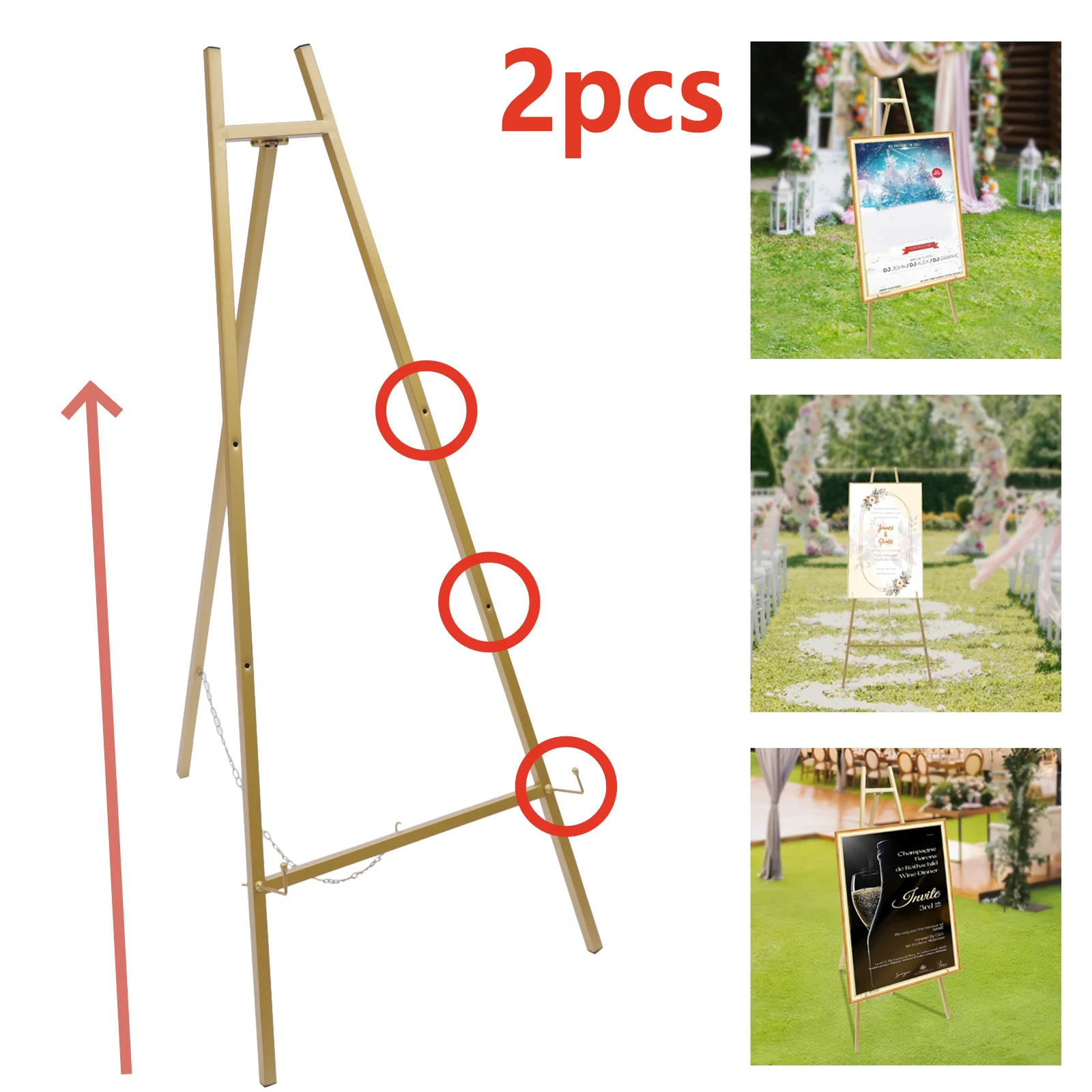 2pcs Steel Adjustable Portable Wedding Easel Stand Poster Board Display Large Decorations Kit - Gold