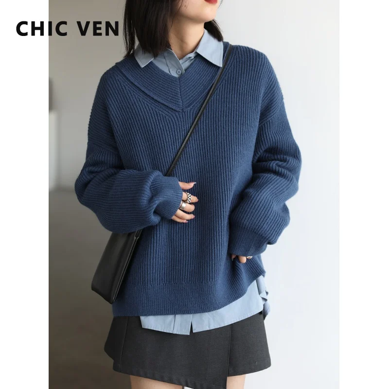 CHIC VEN เสื้อกันหนาวผู้หญิง Pullover Stripe V คอหลวมเสื้อกันหนาวแบบถักแขนยาวหนาเสื้อสำนักงานผู้หญิงฤดูใบไม้ร่วงฤดูหนาว2022