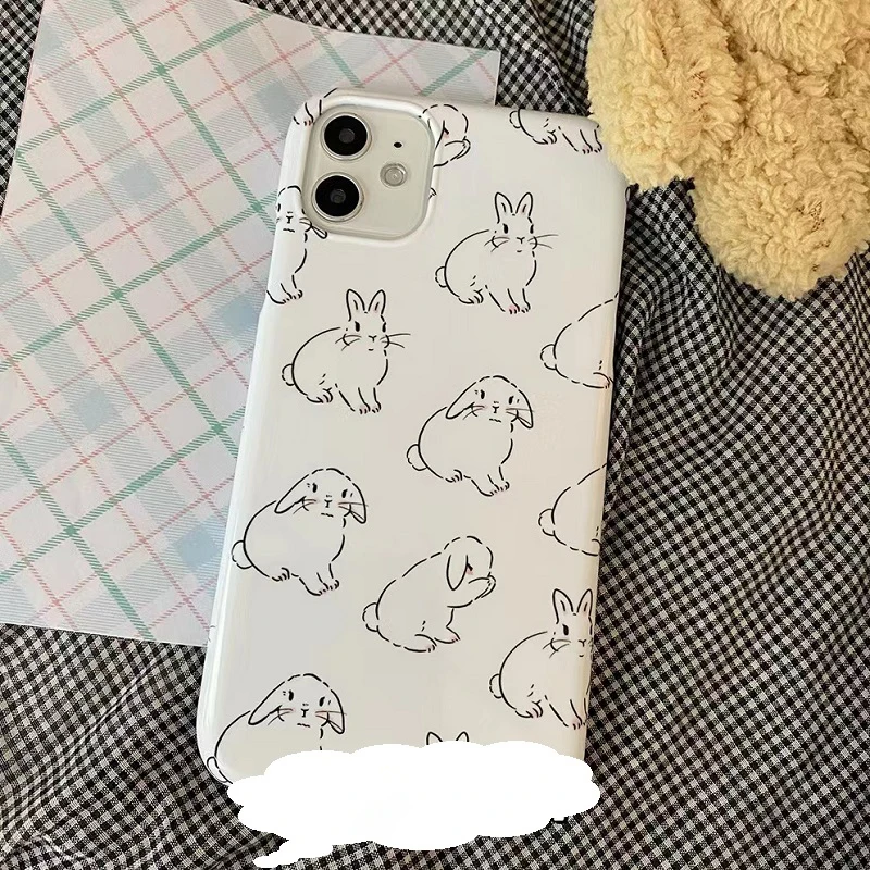 Cute Rabbit Phone Case for iPhone 16 15 14 13 12 11 Pro Max XS XR XSMax 6 7 8 Plus Cartoon Animal Glossy HD Hard PC Cover