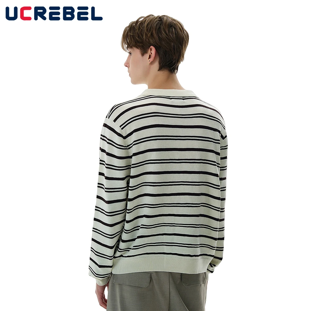 Striped Lapel Sweater Mens Letter Embroidery Retro Autumn Winter Streetwear Long Sleeve Loose Knitted Pullover Man