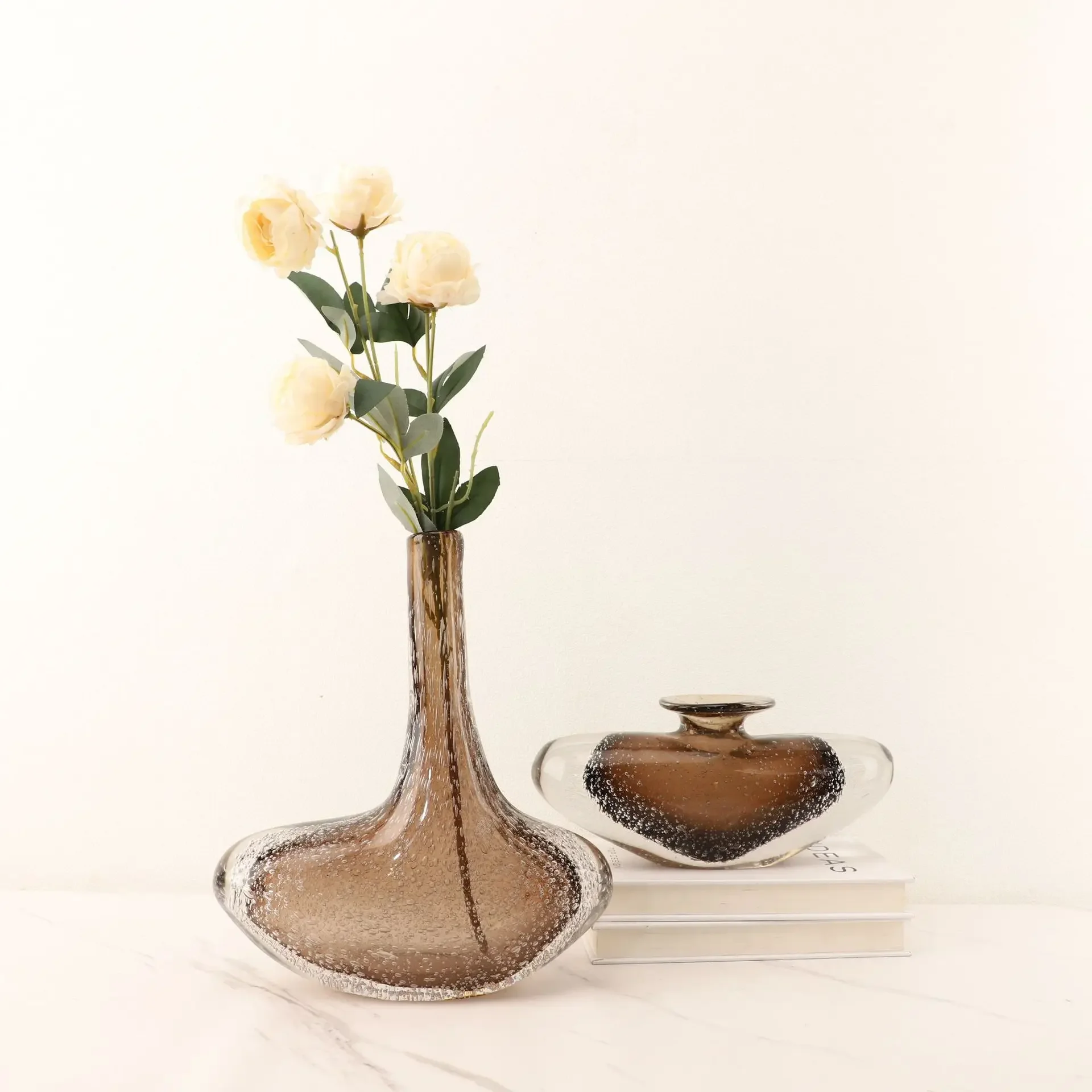 Glazed Brown Flower Ware Glass Vase Clear Bubble Thick Floral Arrangement Accessories Terrarium Home Decor