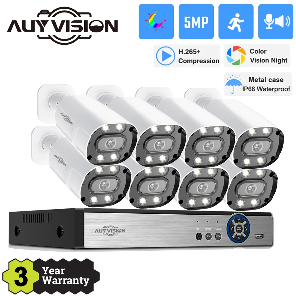 H.265+ 2-Way Audio 5MP Security Camera System Kit AI Color Night Home Surveillance Camera Outdoor Xmeye Set