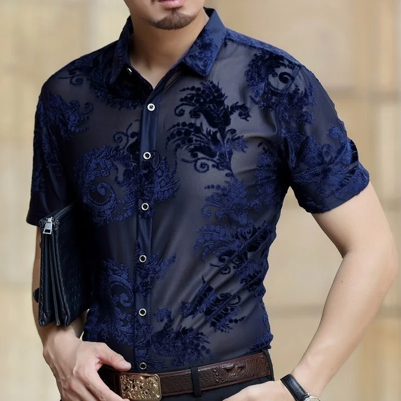 2019 New Short Sleeve Summer Sexy Prom Transparent Shirt Camisa Masculina Chemise Homme Flower See Through Shirt Paisley Pattern